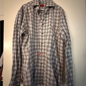 Men's Plaid Long-Sleeve Button-Down Shirt in Brown and White